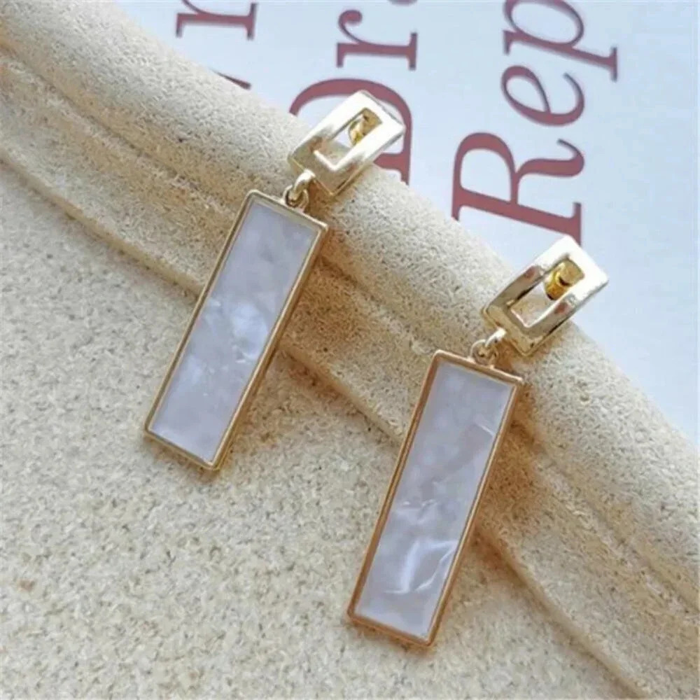 Elegant Cream White Enamel and Gold Open Rectangle 48x10mm Dangle Earrings